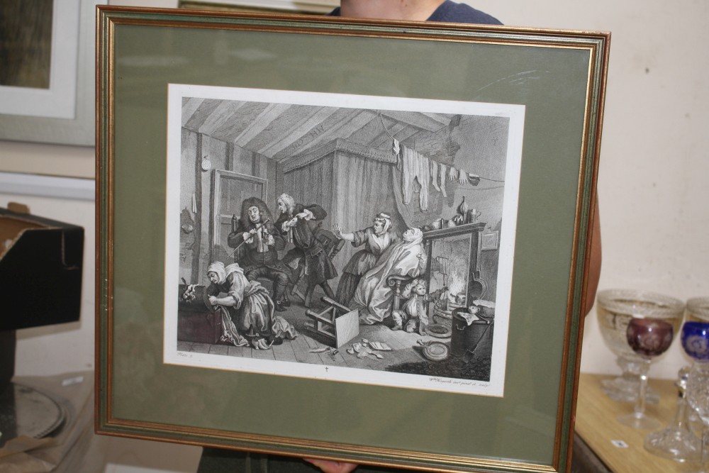 William Hogarth, set of six engravings, A Harlots Progress, 33 x 40cm